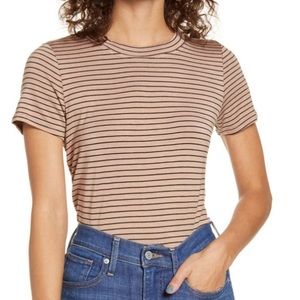 Cotton Emporium tan & black striped shortsleeve cropped shirt XS extra small​